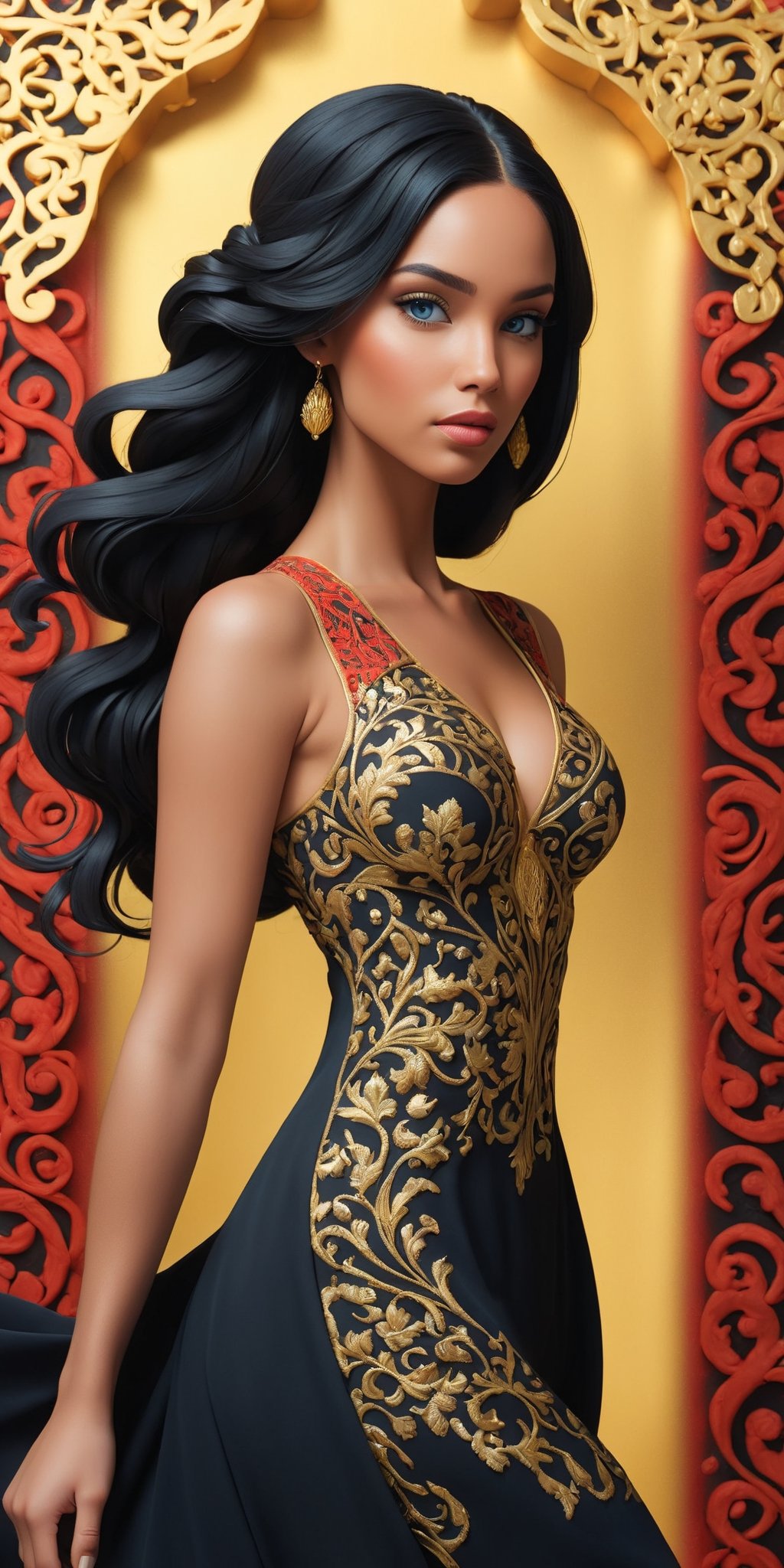 masterpiece, high quality, artwork, surrealism, abstract, absurdes, (full-body_portrait of beautiful woman:1.5), black hair, braids, blue eyes, (black dress with gold intricate ornament:1.5), (intricate ornamental background with red and blue colors:1.2), perfect breast, pastel colors, oil painted, atrgerm, trending on ArtStation 