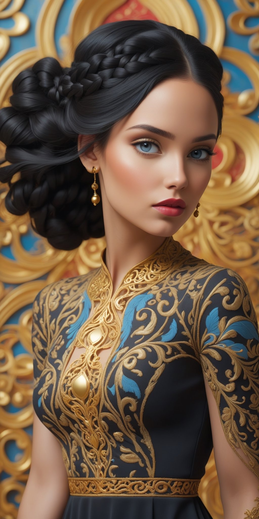 masterpiece, high quality, artwork, surrealism, abstract, absurdes, (full-body_portrait of beautiful woman:1.5), black hair, braids, blue eyes, (black dress with gold intricate ornament:1.5), (intricate ornamental background with red and blue colors:1.2), perfect breast, pastel colors, oil painted, atrgerm, trending on ArtStation 