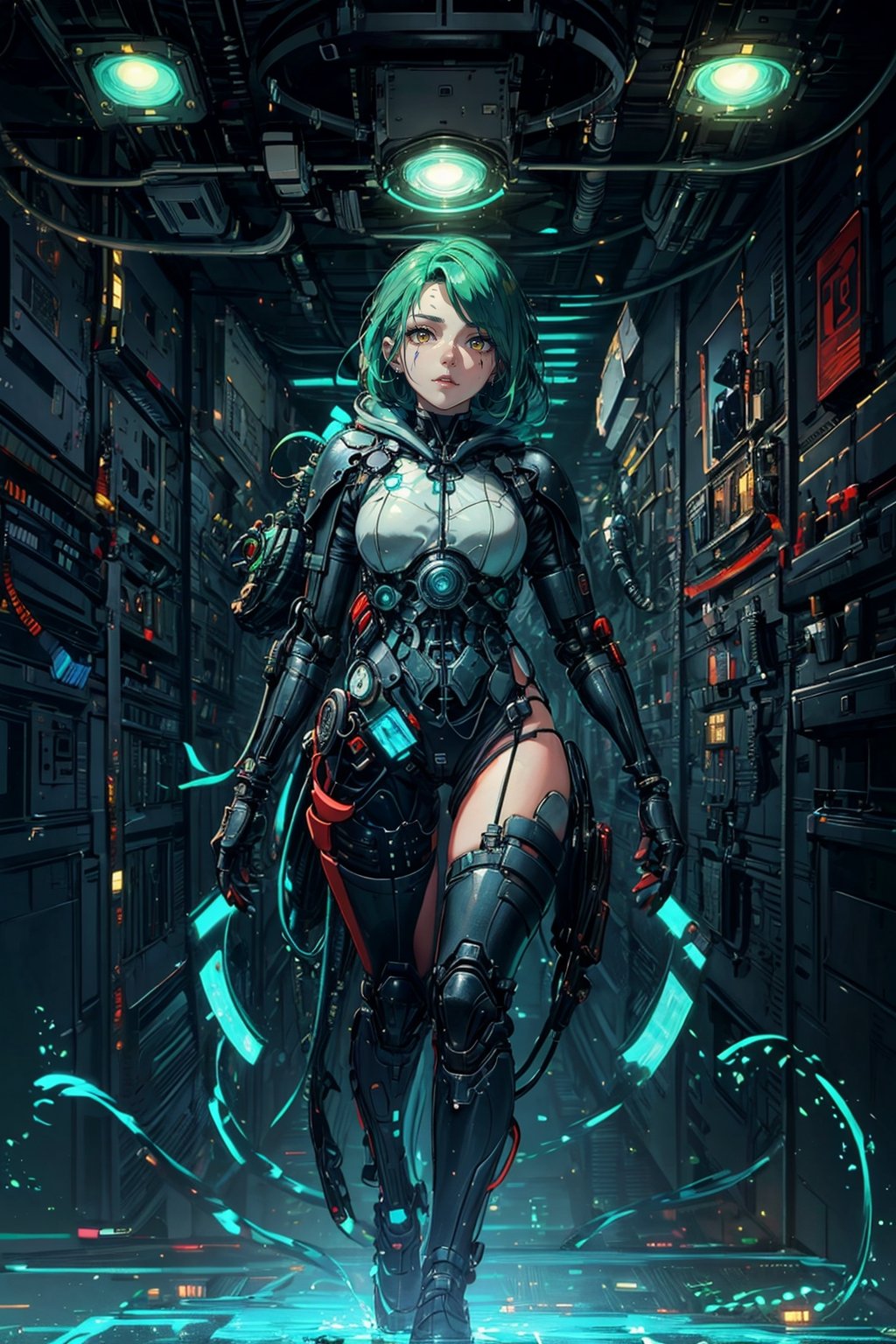 (masterpiece, best quality, official art), (extremely detailed CG unity 8k wallpaper, absurdres, 8k resolution), high quality, 8K, HDR, (retro-futuristic:1.5), 1girl, solo, green hair, perfect figure, below view