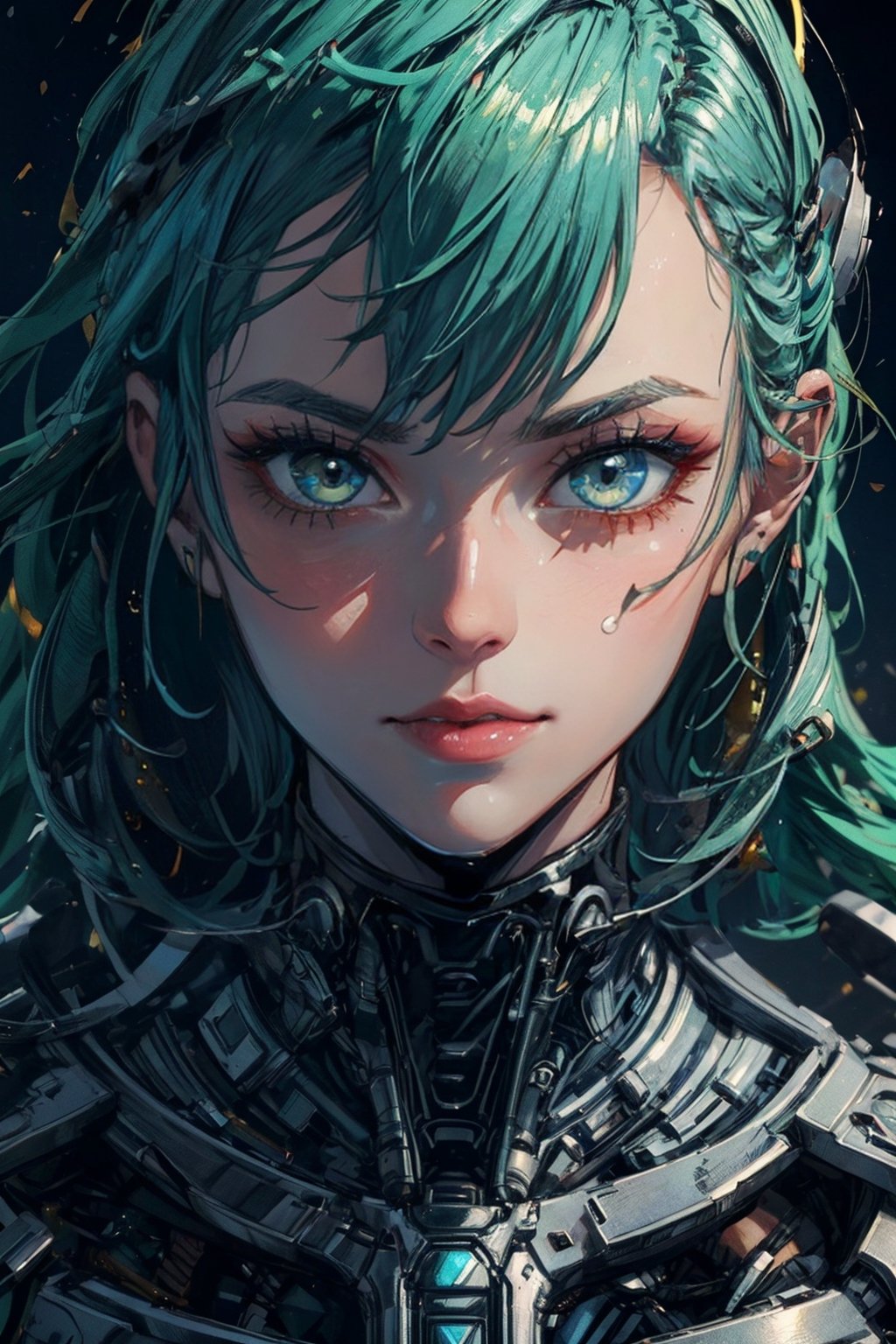 (masterpiece, best quality, official art), (extremely detailed CG unity 8k wallpaper, absurdres, 8k resolution), high quality, 8K, HDR, (retro-futuristic:1.5), 1girl, solo, green hair, perfect figure,highres, ABSURDES, dramatic lighting, (close up: 1.5), portrait