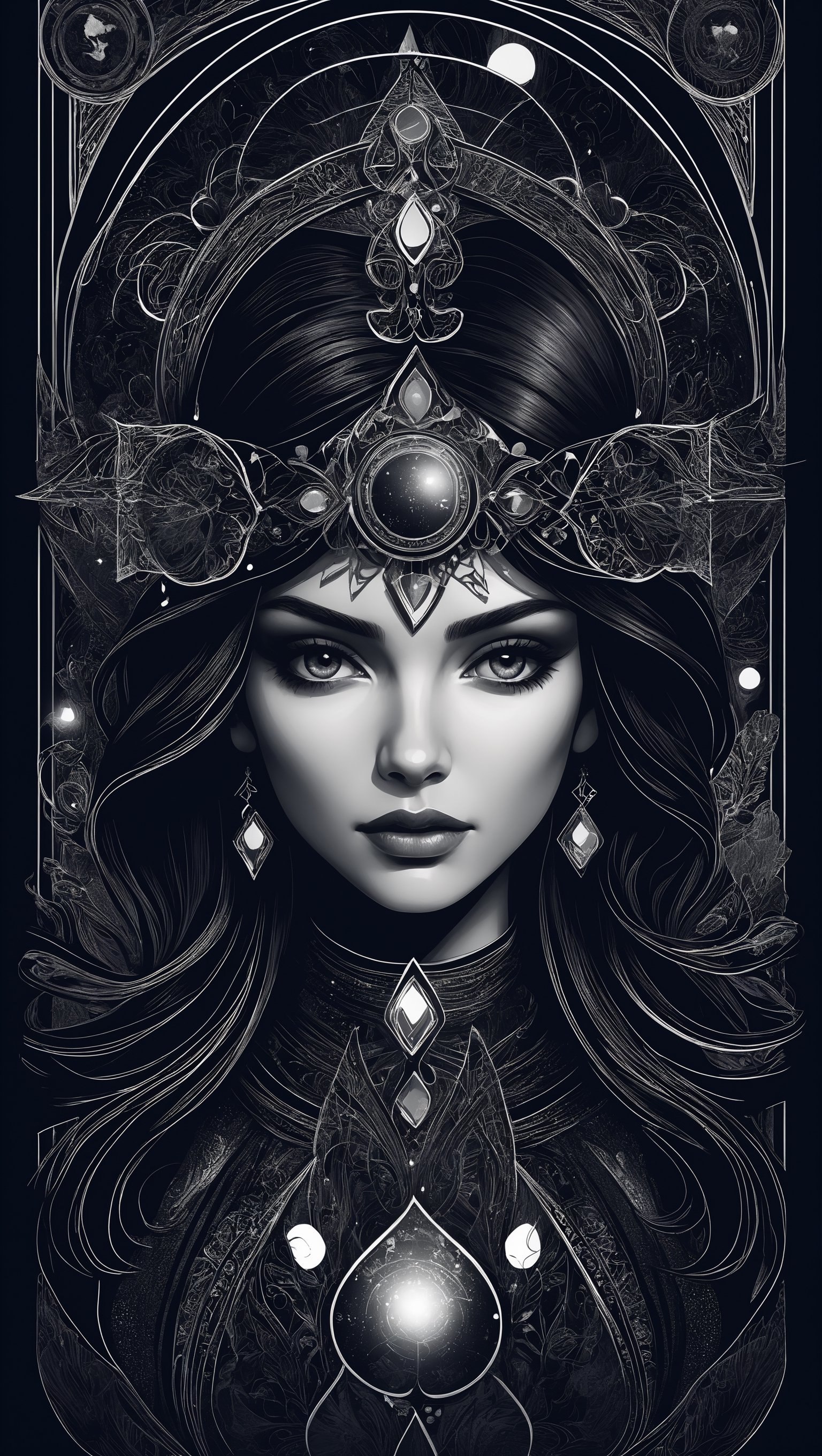 abstract portrait of beatiful girl in tarot cards style. Intricate detail, merge mystery of tarot and elegant style of the best dark style artists. Dark palette, artwork, crisp lines, rough aesthetics, masterpiece, abstract, surrealism