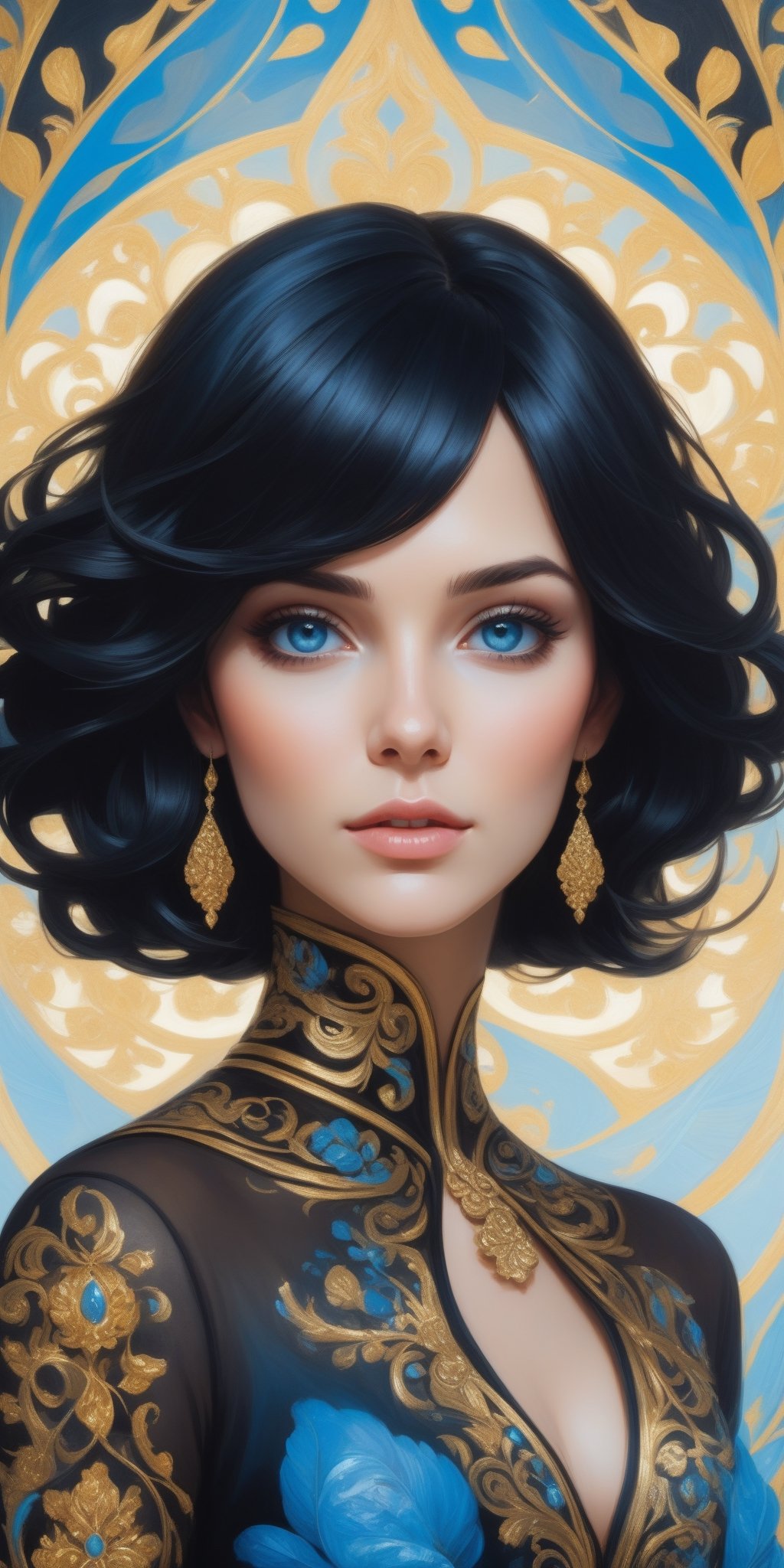 masterpiece, high quality, artwork, surrealism, abstract, absurdes, full-body_portrait of beautiful woman, black hair, blue eyes, black dress with gold intricate ornament, pastel colors, oil painted, atrgerm, trending on ArtStation 