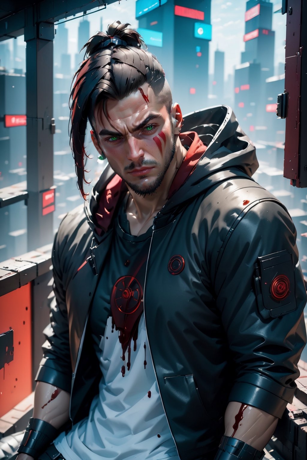 8k, ((best quality)), ((masterpiece)), high_res, anime style,
Cyberpunk style. From above. Medium shot,
Ruin bar. Blood on the floor and the walls, Lonely muscular man stand sit in the rooftop. Beard on his face. He wears hoodie, breeches and sneakers, He holds cyberkatana. His body is in blood.
,cyberpunk style,BloodOnScreen,cyberpunk