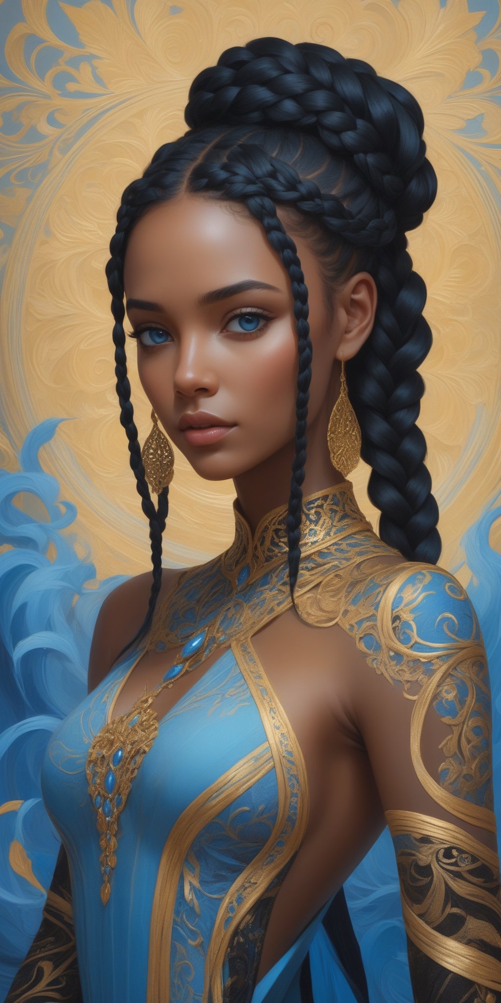 masterpiece, high quality, artwork, surrealism, abstract, absurdes, full-body_portrait of beautiful woman, black hair, braids, blue eyes, black dress with gold intricate ornament, pastel colors, oil painted, atrgerm, trending on ArtStation 