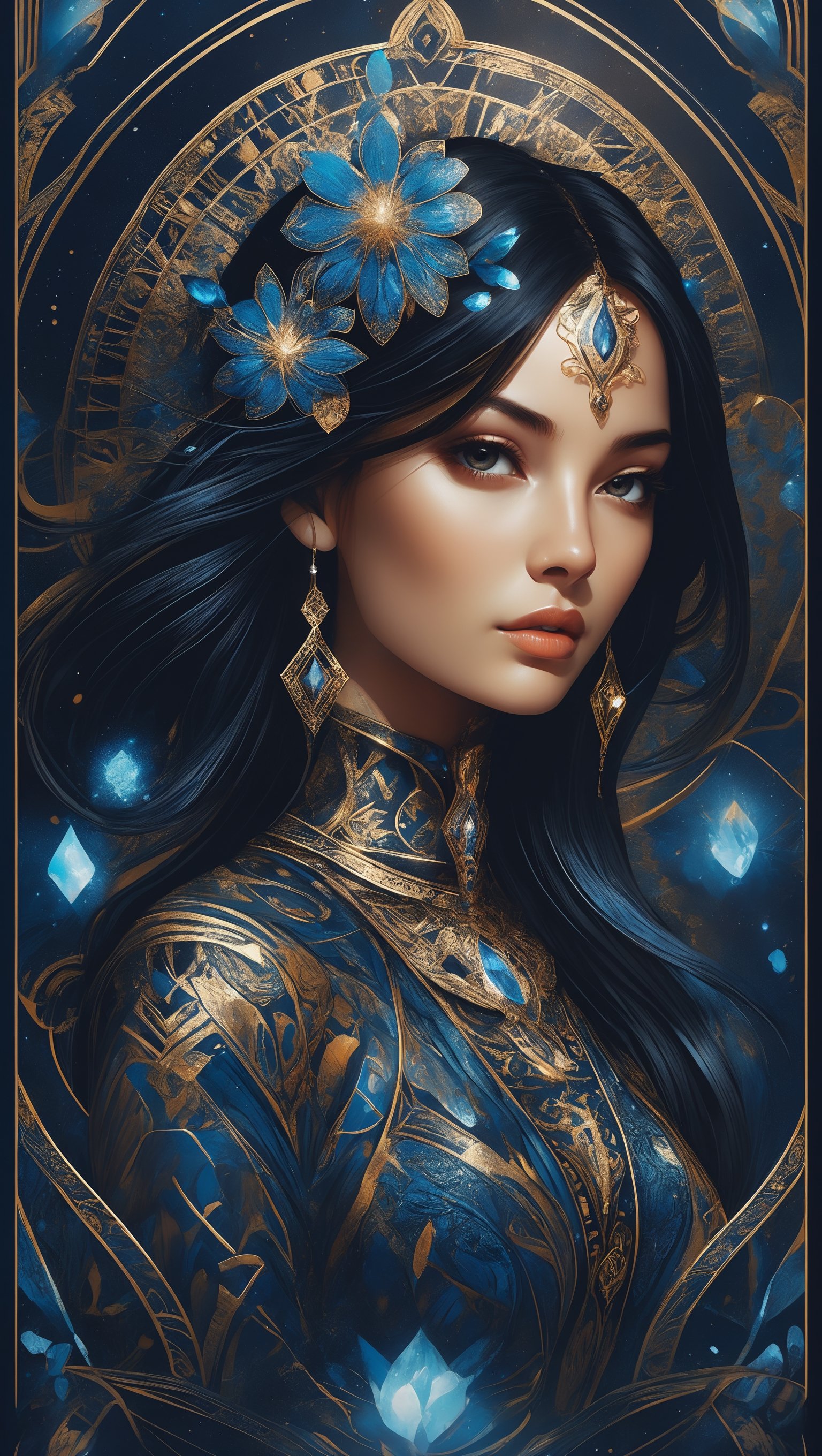 abstract portrait of beatiful girl in tarot cards style. Intricate detail, merge mystery of taro and elegant style of the best dark style artists. Dark palette, artwork, crisp lines, rough aesthetics, masterpiece, abstract, surrealism,DonMMy51ic4lXL