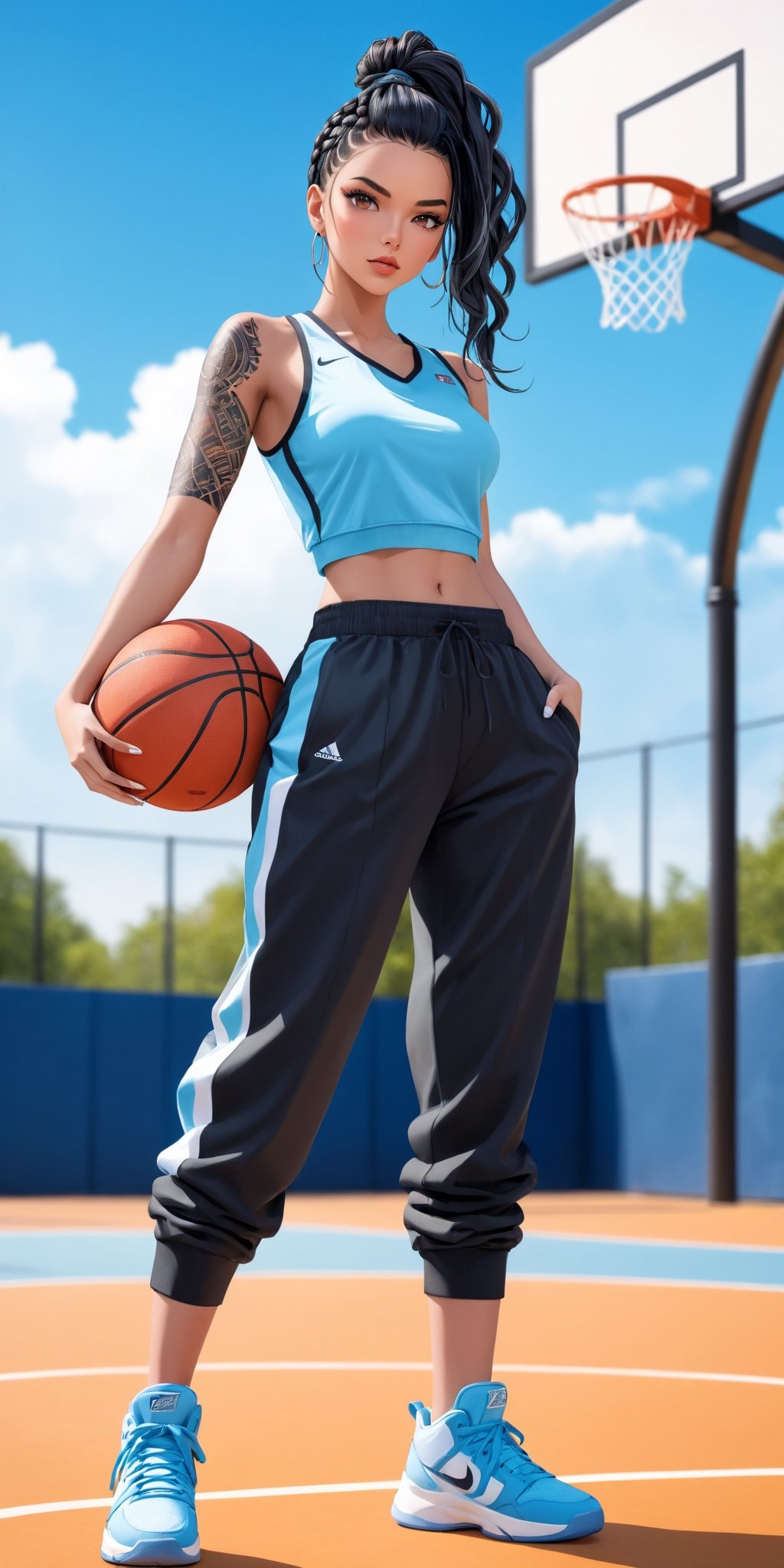 (masterpiece, high quality, 8K, high_res:1.5), 
fashion professional photoshot in anime style, realistic, 
beautiful woman, Latina supermodel, black braided hair, biomechanical tattoo, incredible figure,
clothing \sport top, baggy breeches, basketball shoes\,
outdoor basketball court background, 
fashion, stylish, colorful, sensual, beautiful, elegant, impudent, trending on fashion magazines, trending on sport magazines, perfectionism,
((ink lines and watercolor wash)),,Vector illustration,Illustration