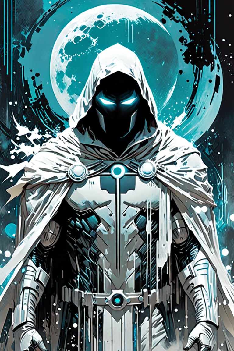 Moon Knight, white ornaments, sci fi, highly technology, iconographic, glitch background, , watercolor, ink, mist, interactive image, highly detailed, art style by Clayton Crain + Ross Tran + Rachel Walpole + Jeszika Le Vye + Dan Volbert + Simon Stalenhag + Brian Stelfreeze
