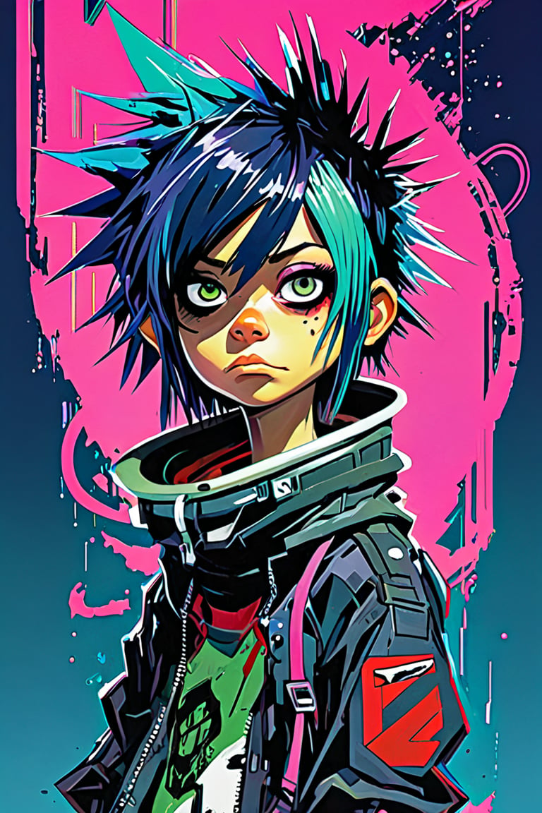 Noodle from Gorillaz, 25 years old, sci fi, highly technology, iconographic, glitch background, interactive image, highly detailed, art style by Clayton Crain + Ross Tran + Rachel Walpole + Jeszika Le Vye + Dan Volbert + Simon Stalenhag + Brian Stelfreeze