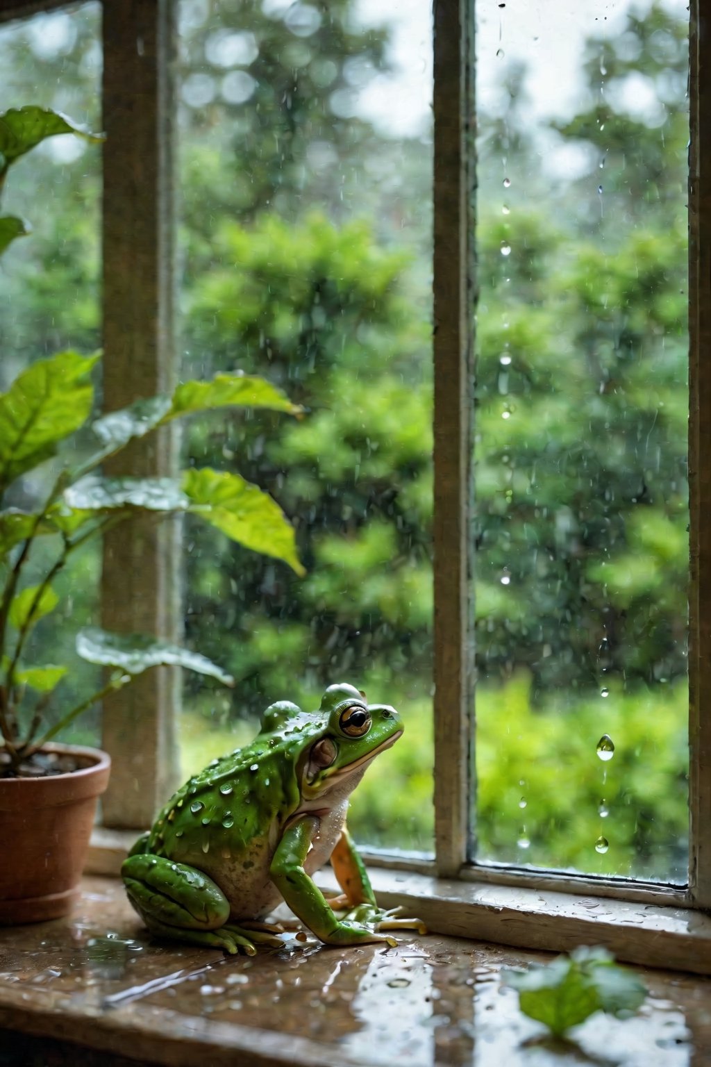 (best quality,4k,8k,highres,masterpiece:1.2),ultra-detailed,(realistic,photorealistic,photo-realistic:1.37),indoor,window,raining,water droplets,frog,lofi vibe,beautiful view,serene atmosphere,soft light,cozy interior,calmness,comfortable ambiance,dreamy scenery,subtle reflections,peaceful color palette,tranquil experience,lovely frog on the windowsill,glistening water droplets on the glass,gentle raindrops tapping on the window,green foliage outside the window,ethereal mist in the distance,ambient music playing in the background,serenity captured through the rain-speckled window pane