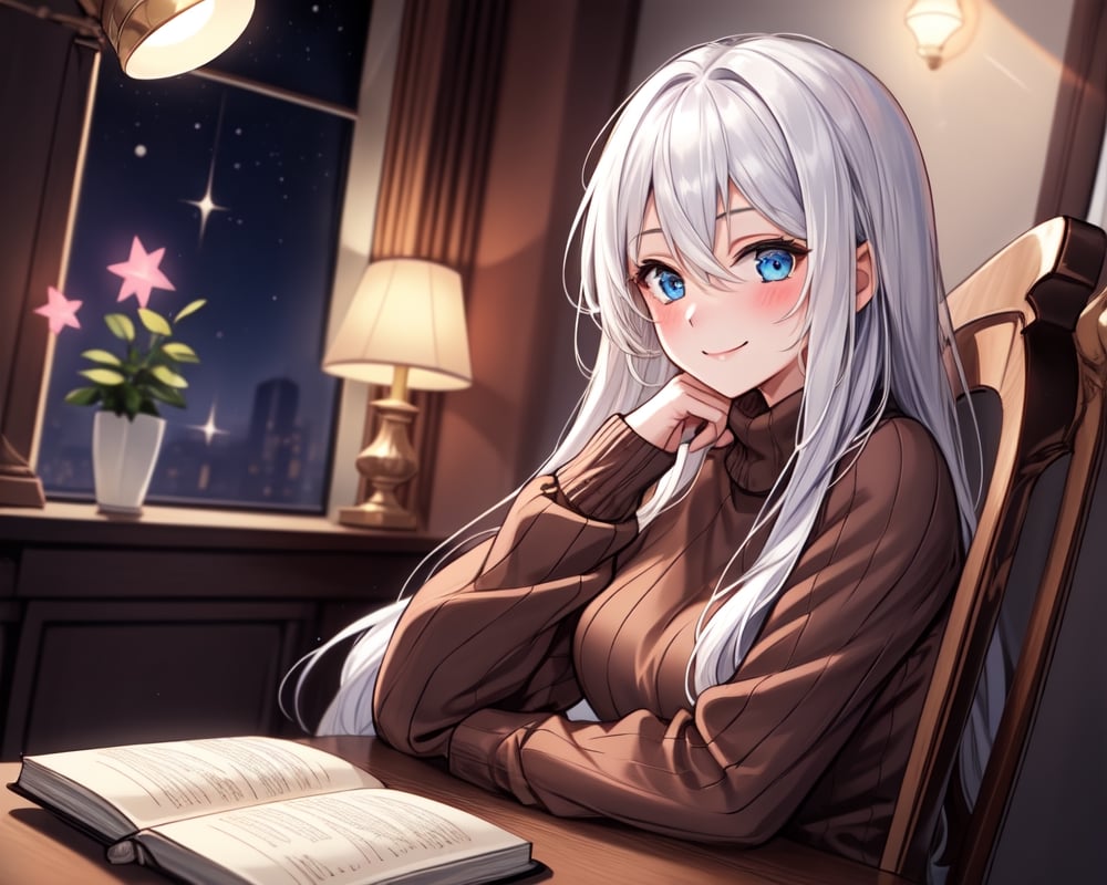 1girl, solo, long hair, looking at viewer, blush, smile, bangs, blue eyes, long sleeves, hair between eyes, sitting, closed mouth, upper body, white hair, indoors, star \(symbol\), from side, sweater, book, hands up, head rest, open book, lamp, brown sweater, book stack, light bulb