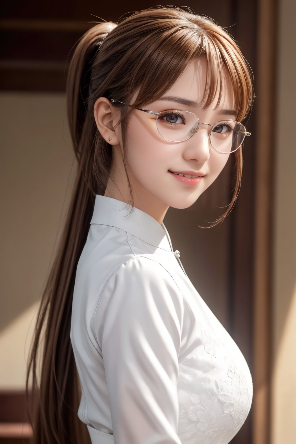 Real, masterpiece, highest quality, raw photo, 1 girl, solo, ponytail, 46 points diagonal bangs, brown hair, detailed face, glamorous face, evil smile, silver-rimmed glasses, white aodai, tight aodai, big breasts, dynamic pose, viewer's eye, from below, detailed background, detailed interior, intricate details, ray tracing, depth of field, low key, HDR, acjc,perfect light,asuna yuuki