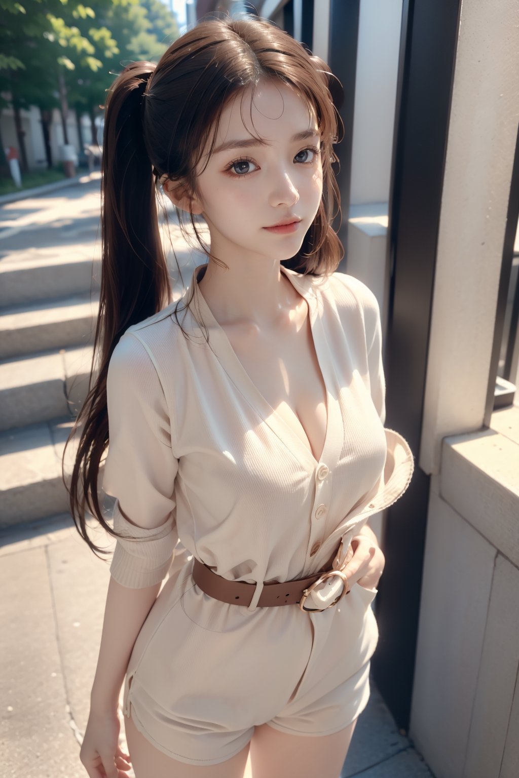 (((masterpiece))), top class, (beautiful and delicate girl), beautiful and delicate light, (beautiful and delicate eyes), smile, (brown eyes), (dark black long hair), medium breasts, female 1, frontal shot, Korean , soft impression, tall height, pigtails, horizontal striped t-shirt, shorts, sneakers, cardigan,1 girl