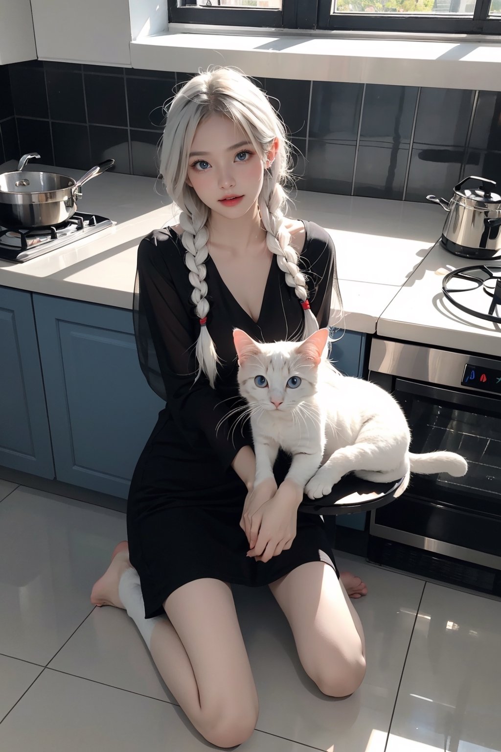 A Korean girl, wearing a very thin and loose red knitted hollow tulle dress with an oversized mesh knitted pattern, is cooking in the kitchen, and a group of kittens come out of the dress to play, front view (beautiful and detailed blue Bright eyes), delicate face shape, delicate eyes, double eyelids, face slimming, real hands, ((long white hair: 1.2)), braids, real white skin, white teeth, big breasts, bare feet, air bangs, 1 girl, real person, color splash style photo, aatsuna, long hair, calico cat,cat,calico cat