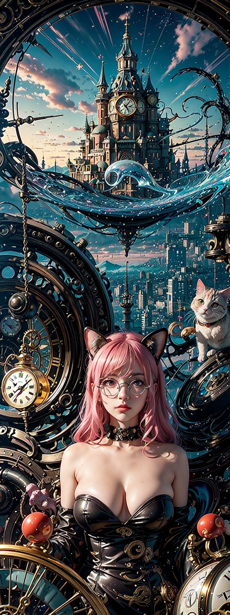 A surrealistic anime landscape unfolds: Salvador Dali's iconic melting clocks and distorted objects blend with vibrant anime colors and stylized characters. In a dreamlike setting, a (((bespectacled anime girl))) with a wispy mustache and curly hair peers out from behind a warped clock face, surrounded by swirling clouds of golden smoke. The cityscape in the background features buildings shaped like snails and mushrooms, while a giant, -pink cat watches over the scene, its eyes glowing like lanterns.,dali69