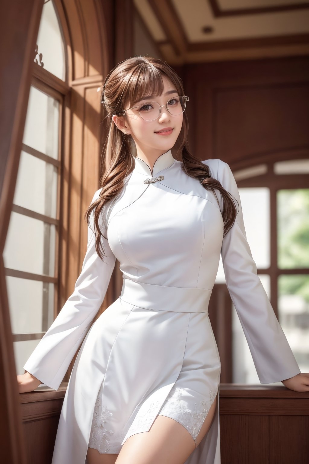 Real, masterpiece, highest quality, raw photo, 1 girl, solo, ponytail, 46 points diagonal bangs, brown hair, detailed face, glamorous face, evil smile, silver-rimmed glasses, white aodai, tight aodai, big breasts, dynamic pose, viewer's eye, from below, detailed background, detailed interior, intricate details, ray tracing, depth of field, low key, HDR, acjc,perfect light,