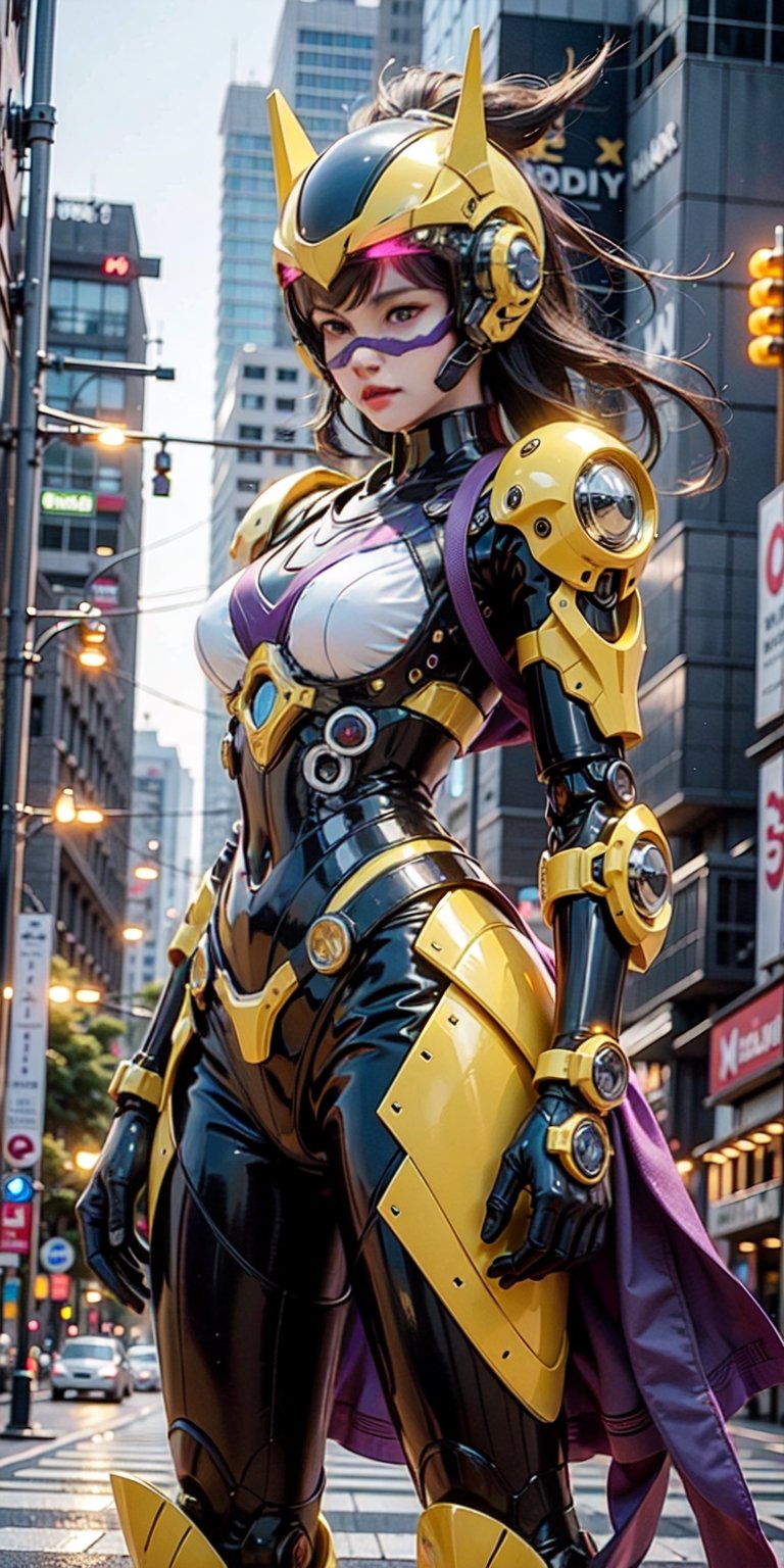 highres, Ultra HD, ultra detailed, cinematic poster, (1girl), dressed in a dark blue and purple mecha bikini, wearing a mecha tactical helmet, the background is a high-tech lighting  scene of the future cyberpunk city, gleaming, sparkling light,wrenchsmechs