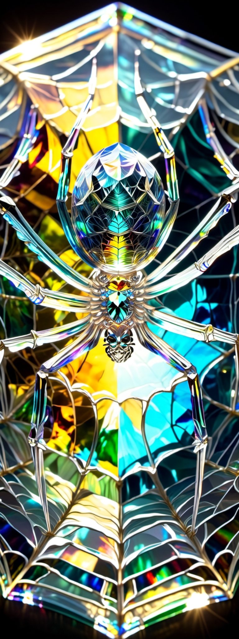 A beautiful crystal spider, hanging from its velvet thread, with colors of green, yellow and blue hues gleaming through from the sun rays.,glass art,more detail XL,BugCraft,DonMSp3ctr4lXL