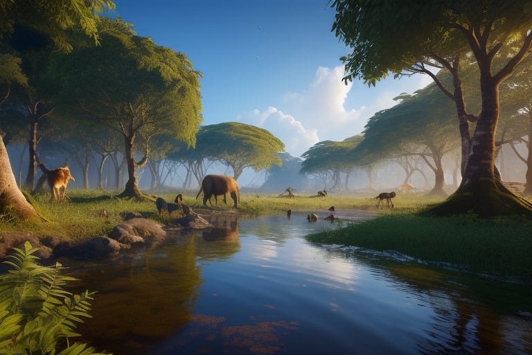 Amazon rainforest , sky, trees, wildlife, camp, different animals,beautiful, creative, doodle, unreal engine colourful,8k
