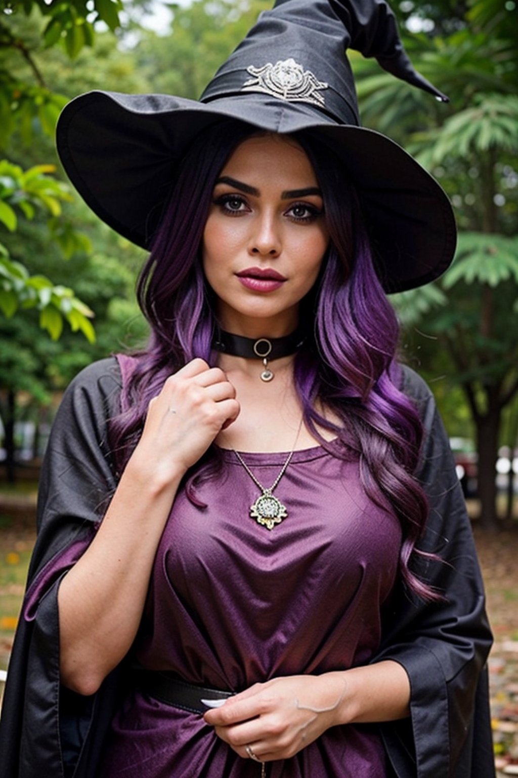 Realistic, 1girl, witch, magical, dark, spell, wizard, dark purple hair, hat, silver accents 