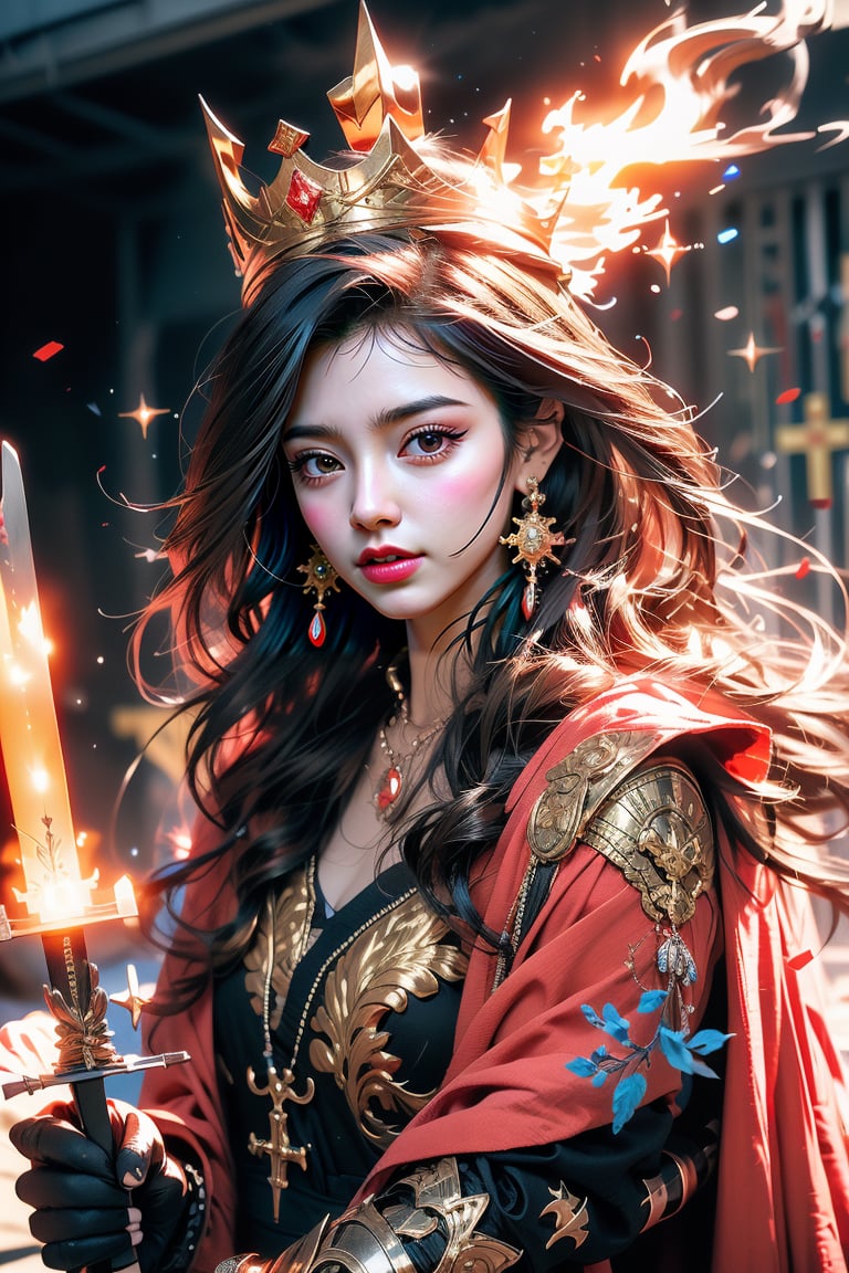 1gril, long red hair, Goddess in golden armor with a cross symbol, holding a long sword in fire, wearing a golden crown, white cloak, sunlight behind heaven, oil painting style, sharp focus, emitting diodes, smoke, artillery , Sparkles, Racks, Perfect Compositions, Beautifully Detailed Complex Octane Renderings Popular on Art Sites, 16K Art Photography, Realistic Concept Art, Soft and Natural Volumetric Cinema Perfect Lighting, Chiaroscuro, Award Winning Photos