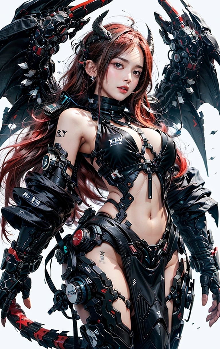 1girl, thai girl, big eyes, ((red hair)), solo break, ((big natural breasts)), masterpiece, best quality, highres, (multicolored hair:1.1), beautiful face, clas, awesome pose, ((black sexy tech bikini)), SilverWolfV5, urban techwear, ((half body view)),dragon ear