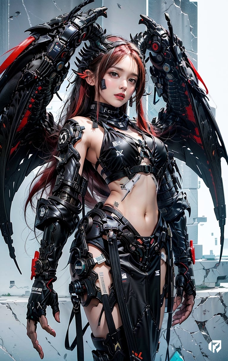 1girl, thai girl, big eyes, ((red hair)), solo break, ((big natural breasts)), masterpiece, best quality, highres, (multicolored hair:1.1), beautiful face, clas, awesome pose, ((black sexy tech bikini)), SilverWolfV5, urban techwear, ((half body view)),dragon ear