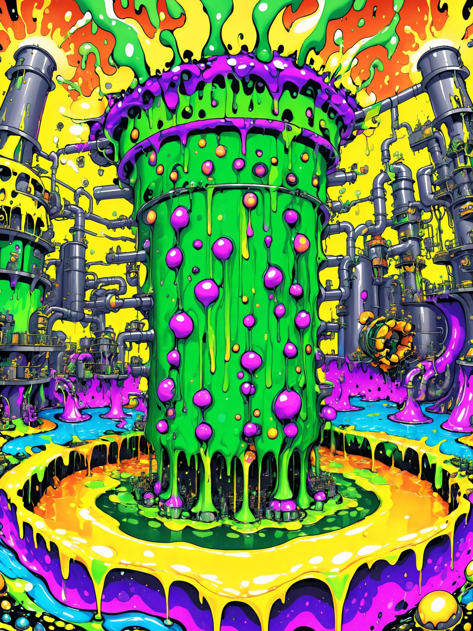 A psychedelic cartoon nuclear waste power plant melting, full on comical crazy nuclear cartoon Meltdown, best quality, CartooNuclear Meltdown style