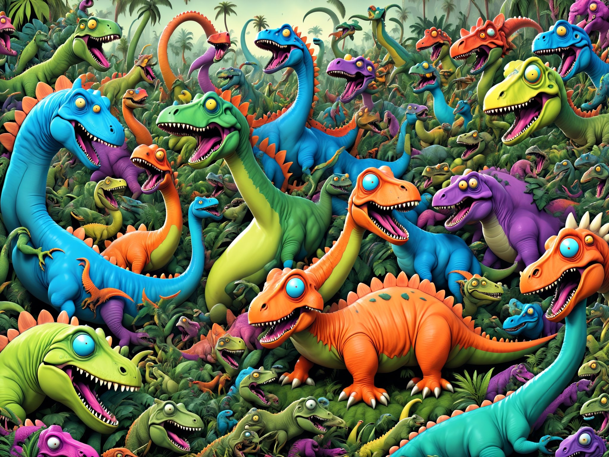 Dinosaurs, insane crazy whimsical wacky comical crazy cartoon Dinosaur debauchery, jam packed jurassic fantastic classic, comic cartoon psychedelic silly wonder, intricate, ultra-detailed, best quality, CartooNuclear Meltdown style, ,alien