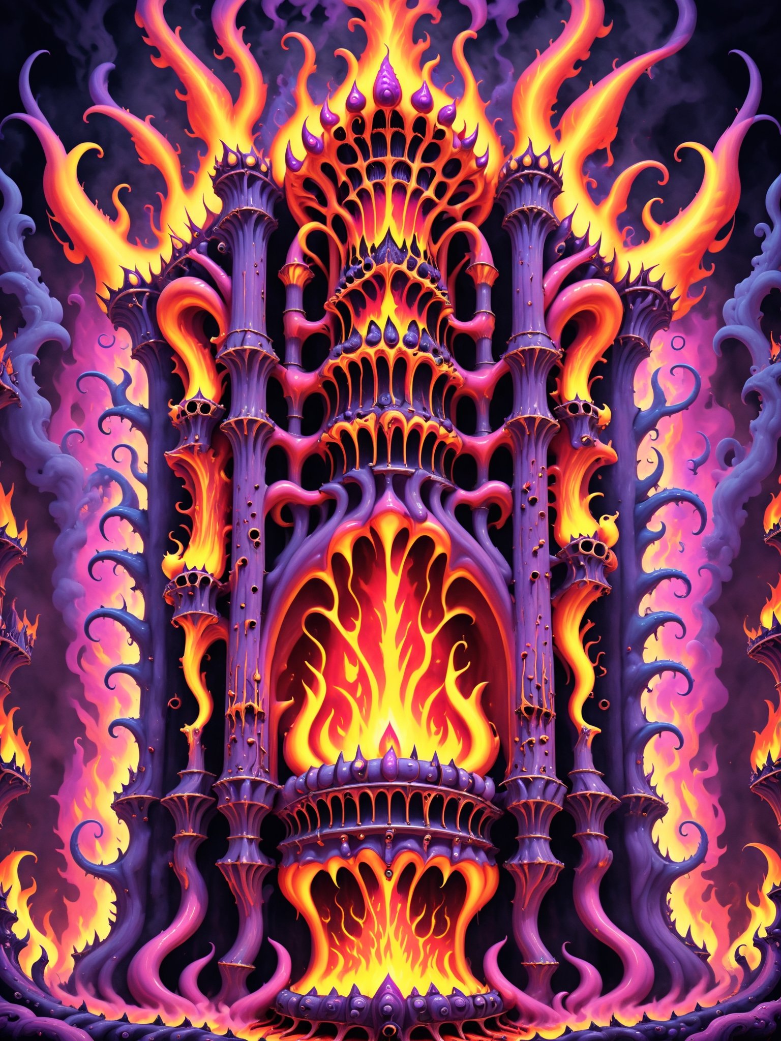 A demon possessed hellish pipe organ, playing itself with psychedelic flames shooting out of the pipes, phantoms, gothic, best quality, CartooNuclear Meltdown style 
