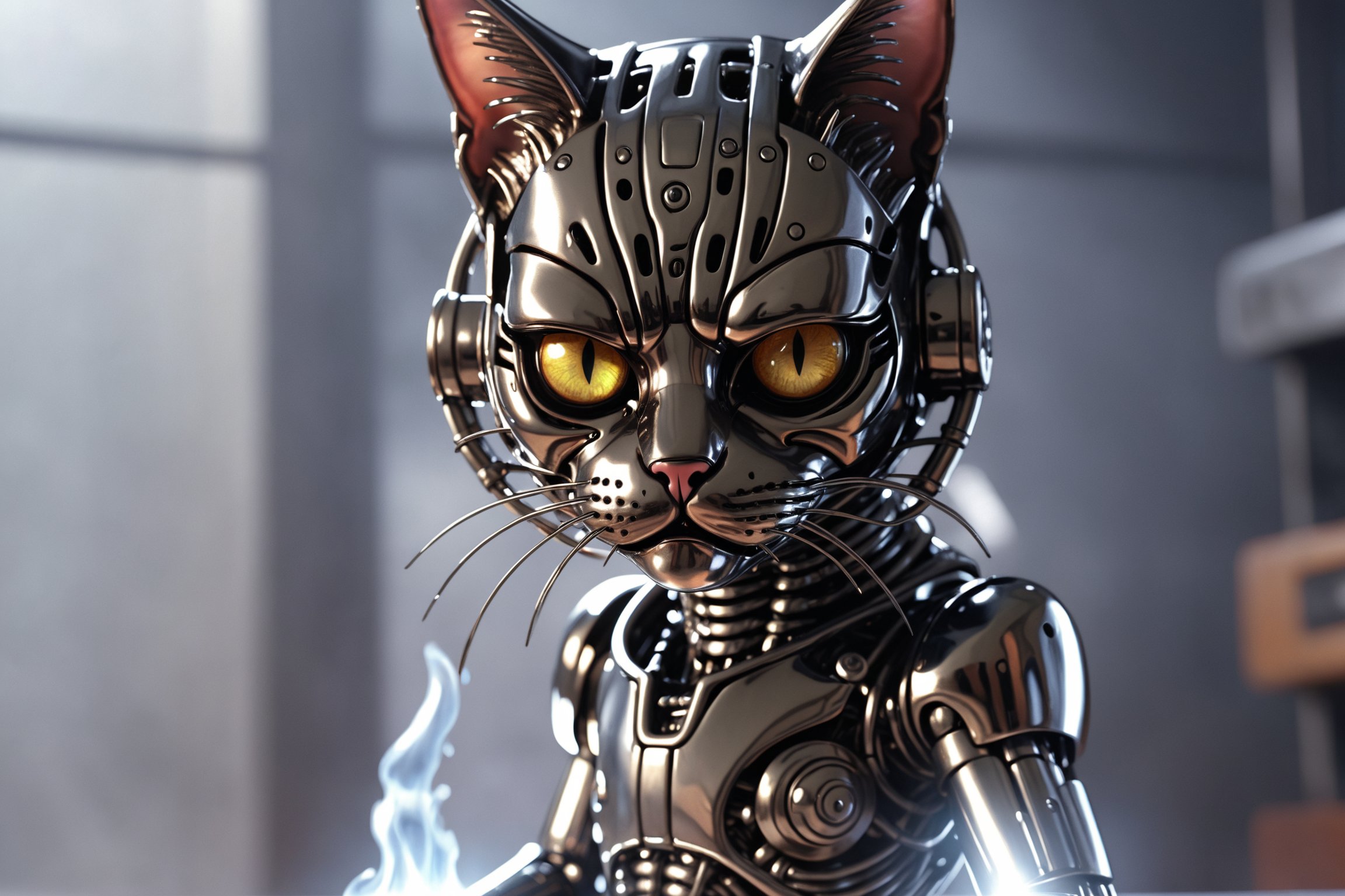 A cyborg T1000 liquid metal cat terminator like the film judgment day liquid metal cat terminator T1000, liquid metal t1000 terminator 2 judgement day style, ,Disastartoon,Fizzlespell style