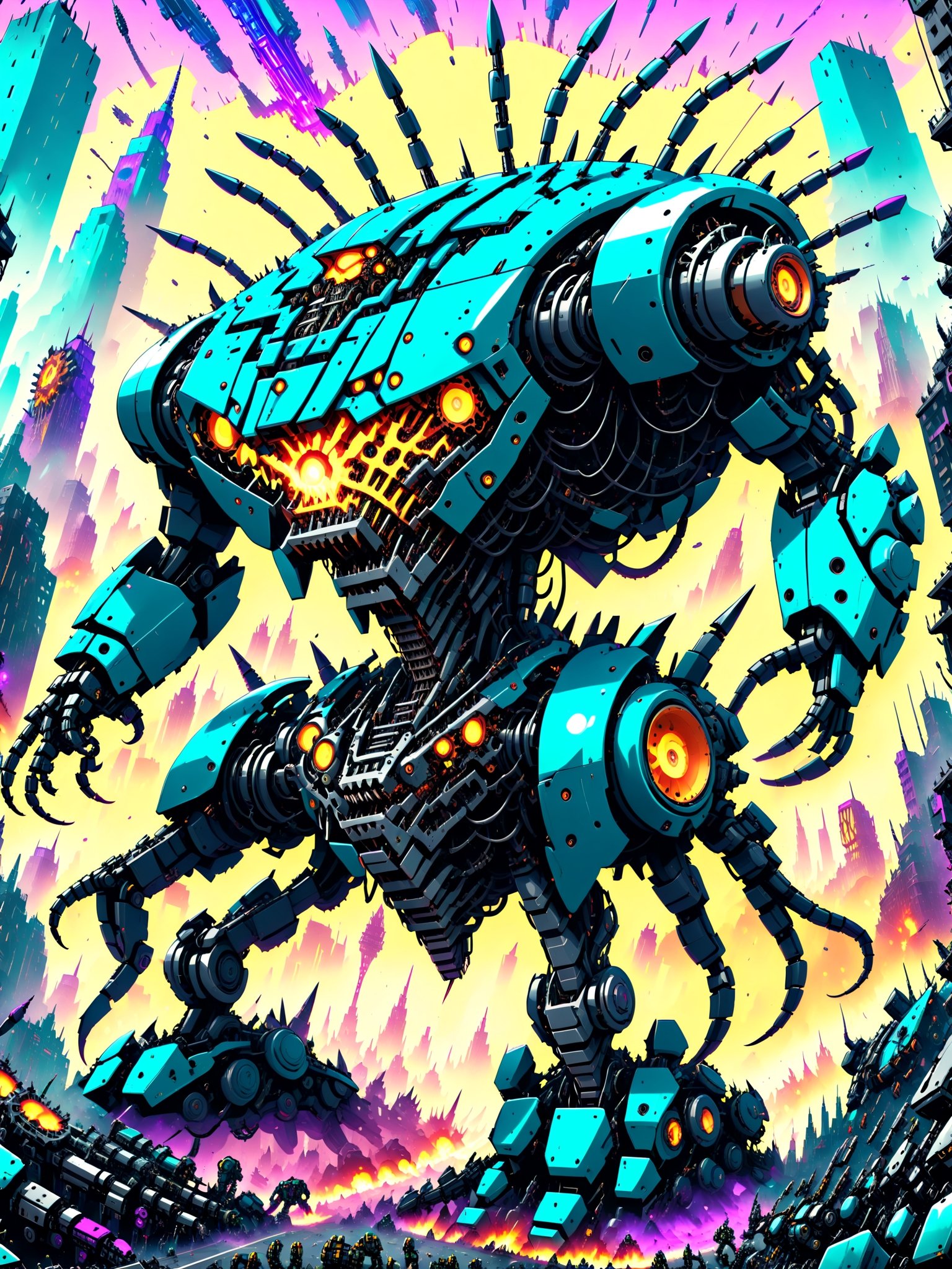 A massive looming gigantic killer robot, rampaging through a crowded city, smashing buildings, people fleeing in terror,  ultra intricate mechanical parts wires gears intricate inner workings, psychedelic to the max, best quality, CartooNuclear Meltdown style,2D