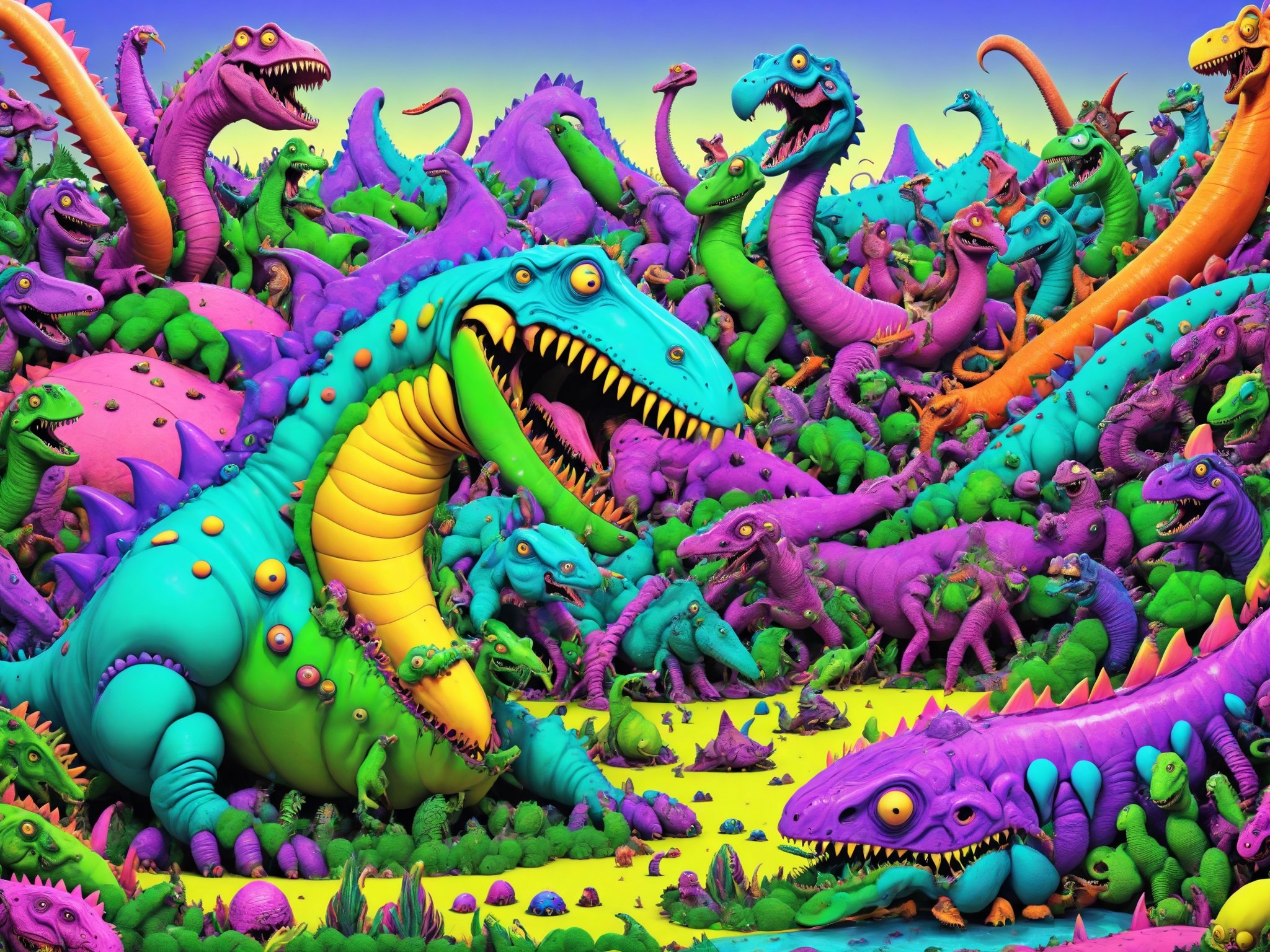 Dinosaurs, insane crazy whimsical wacky comical crazy cartoon Dinosaur debauchery, jam packed jurassic fantastic classic, comic cartoon psychedelic silly wonder, intricate, ultra-detailed, best quality, CartooNuclear Meltdown style, ,alien