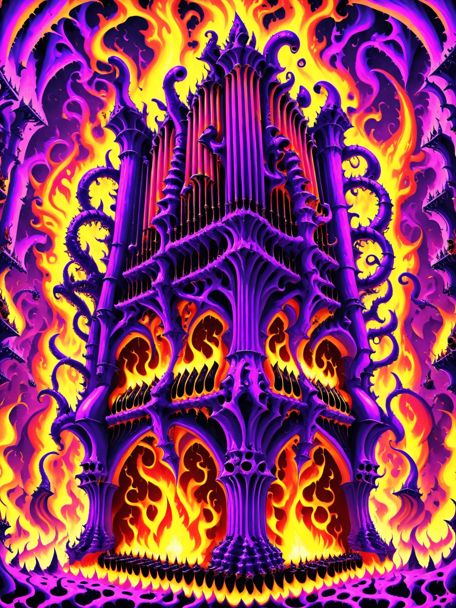 A demon possessed hellish pipe organ, playing itself with psychedelic flames shooting out of the pipes, phantoms, gothic, best quality, CartooNuclear Meltdown style 