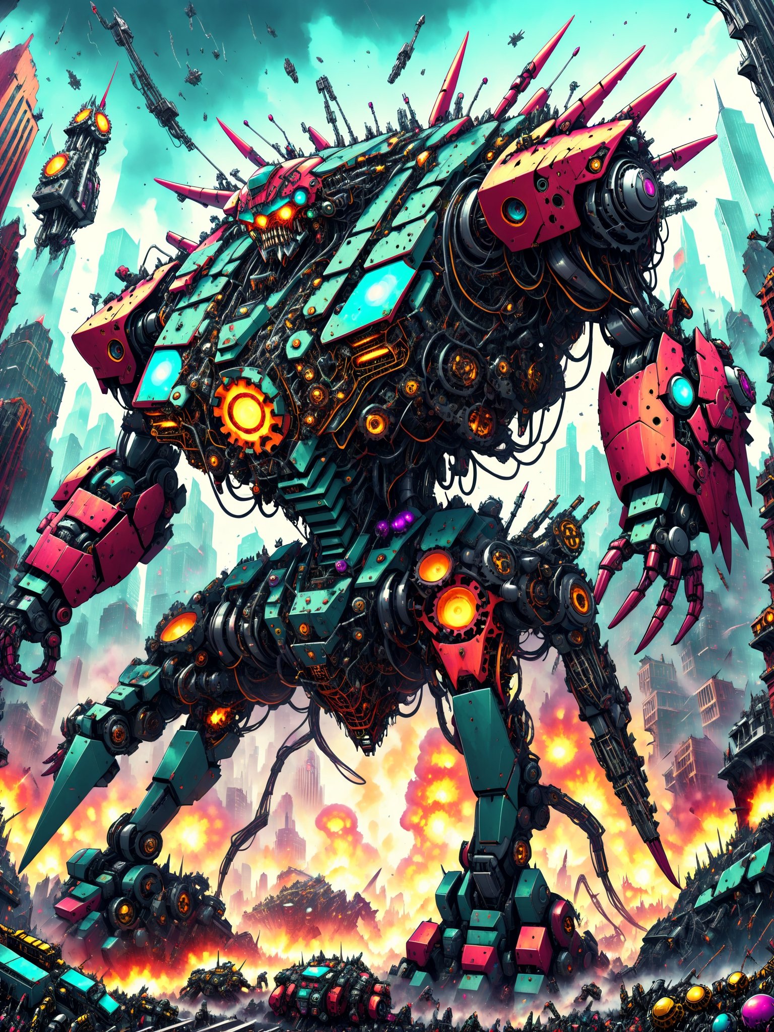 A massive looming gigantic killer robot, rampaging through a crowded city, smashing buildings, people fleeing in terror,  ultra intricate mechanical parts wires gears intricate inner workings, psychedelic to the max, best quality, CartooNuclear Meltdown style