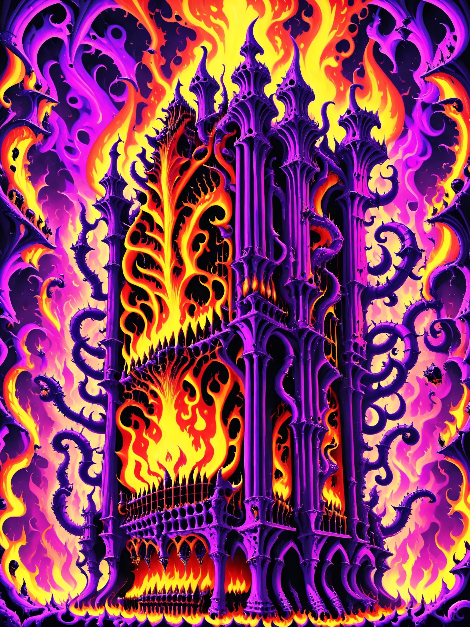 A demon possessed hellish pipe organ, playing itself with psychedelic flames shooting out of the pipes, phantoms, gothic, best quality, CartooNuclear Meltdown style 