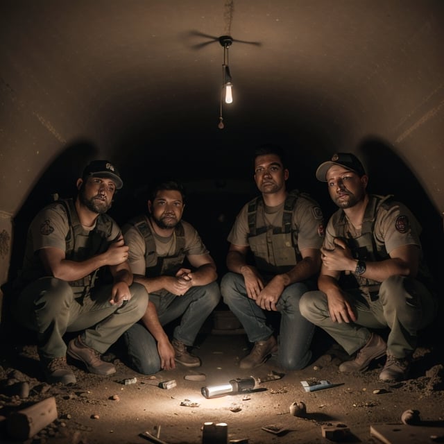 four mexican preppers in their bunker full of supplies and flashlights