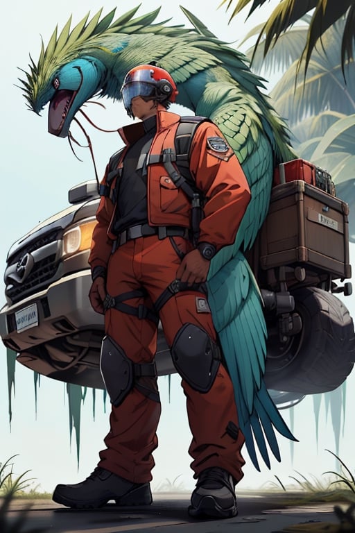 Quetzal woman wearing rescue helmet and red uniform standing next to his rescue vehicle. female character