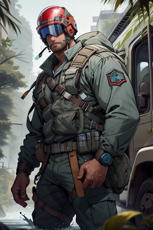 muscular human with barracuda head in rescue uniform and with helmet. standing next to his rescue vehicle