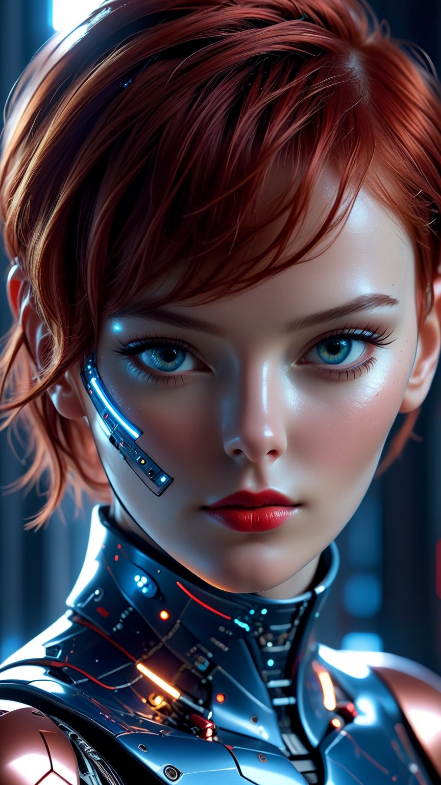 22 year old supermodel face, short red hair, fascinating future cyborg woman, fine traces of electronics under skin, cyborg elements in pleasing blue tones, detailed patterns on skin, high tech helmet and collar, electrical traces on cheeks, glowing lines under skin on nose and chin, sensual expression, eyes looking at camera, face angled from camera, (close up of face), realistic, high skin detail, red lips, soft illumination