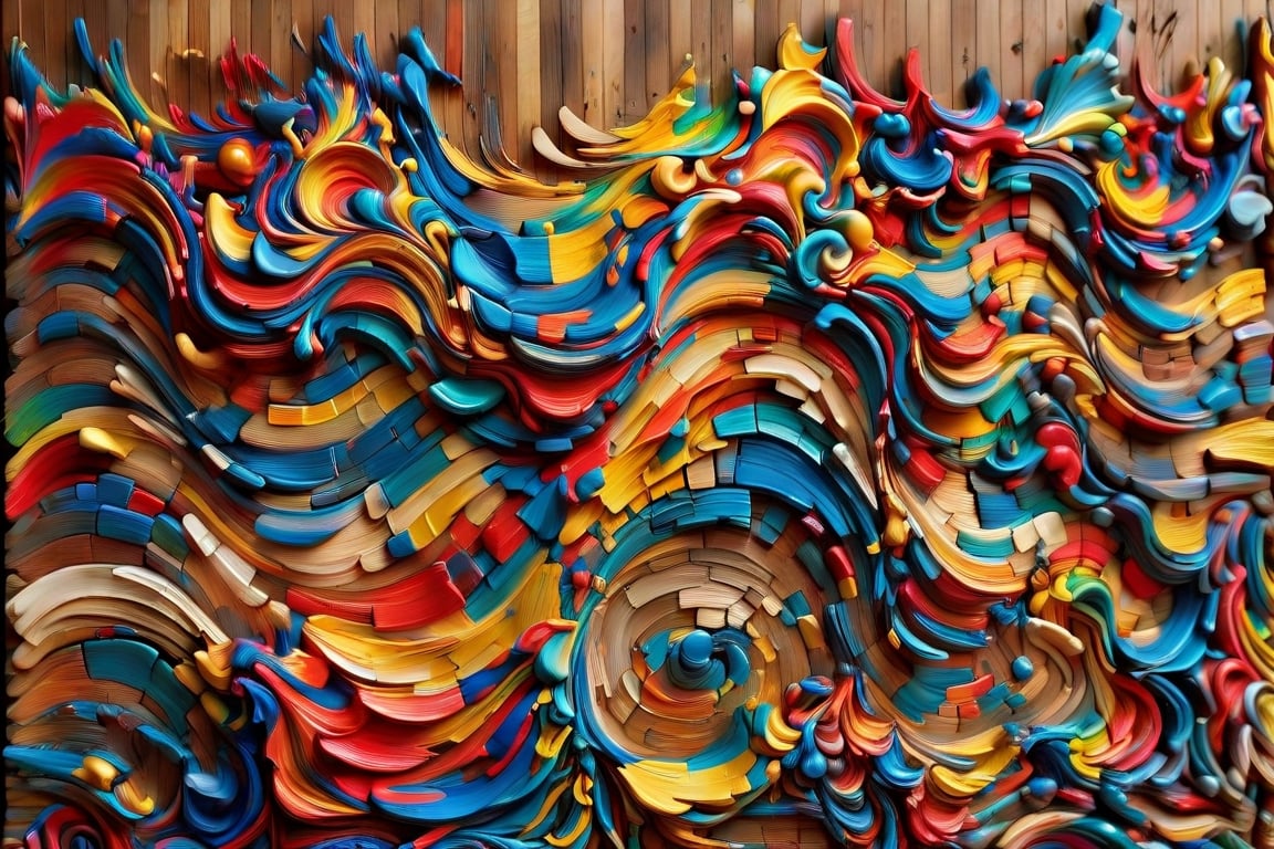 A scupture of inumerable colored wooden blocks embedded edge on into a large wall, bold staining of the wood creates (color chaos:1.4), wood grain is covered with vibrant ais-acrylicz, hundreds of blocks are of dramatically differing thicknesses,  the seemingly random arrangement is beautiful in it's complexity and variety,ais-acrylicz