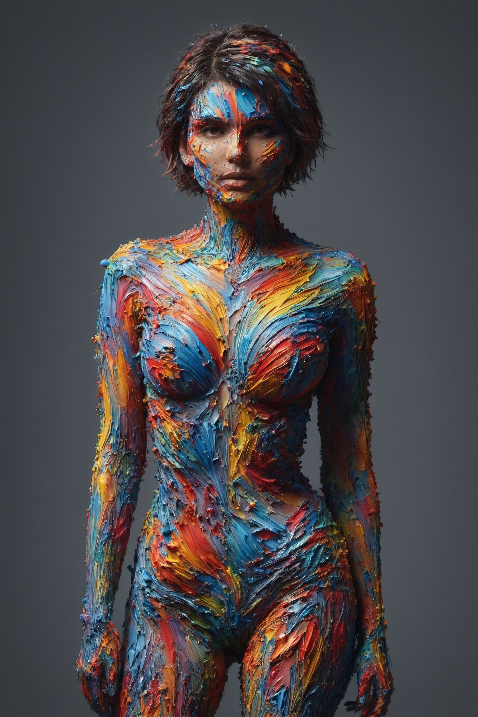 All Paint is thick and rainbow colors, multiple layers of long flowing strokes of acrylic paint, 4k, a sensual brunette, pixie cut, short hair, woman covered in thick paint strokes, emily ratajkowski face coverd in paint, she is looking sensually at the viewer, (her eyes are directed at the viewer:1.2), large breasts covered in paint, every curve of her body is accentuated by the thick paint brush strokes, face covered in paint, hips covered in paint, legs covered in long sensual paint strokes, shoulders and arms covered in vibrant paint, (full_body:1.2),covered with ais-acrylicz