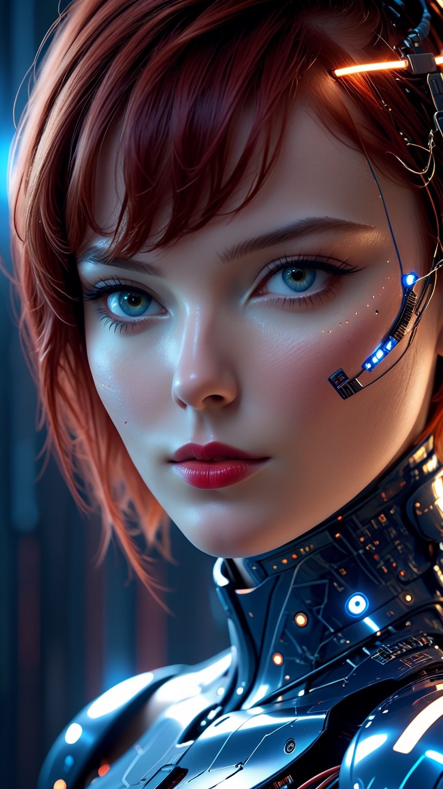 22 year old supermodel face, short red hair, fascinating future cyborg woman, fine traces of electronics under skin, cyborg elements in pleasing blue tones, detailed patterns on skin, high tech helmet and collar, electrical traces on cheeks, glowing lines under skin on nose and chin, sensual expression, eyes looking at camera, face angled from camera, (close up of face), realistic, high skin detail, red lips, soft illumination