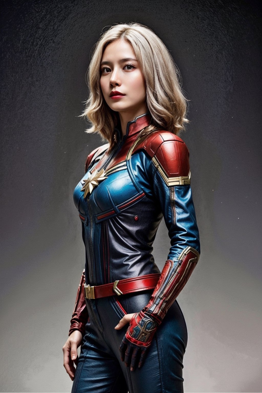 (asian girl, 18yo, white hair), (suit of captain marvel), hands_on_hips, leg_lift, lightning surrounded, the backround is outerspace_galaxy, (cowboy_shot), 
highres 16k wallpaper, ultra highres, masterpiece, ultra realistic, The atmosphere is captured in high grain, reminiscent of ISO 800 film with wide angle, photorealistic, REALISM