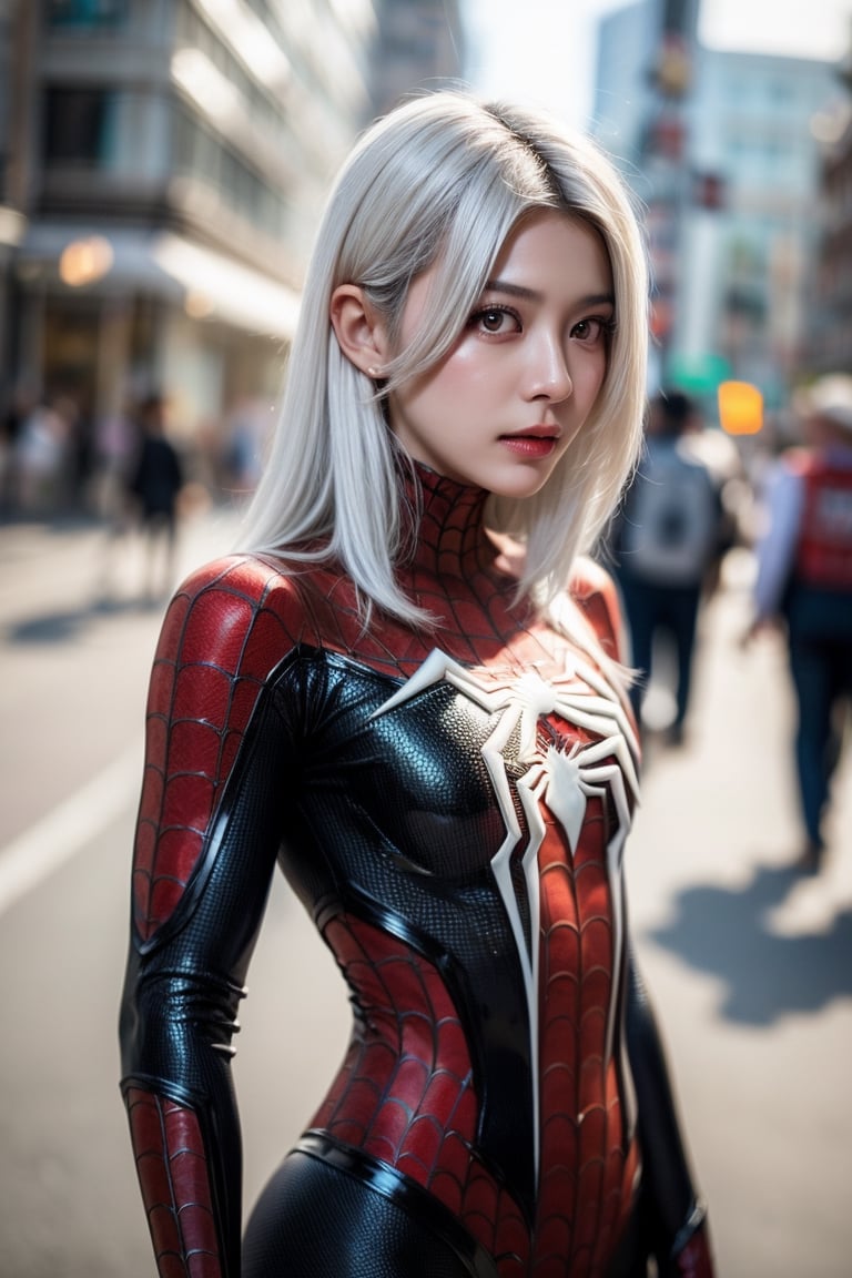 (1girl, white hair), (spiderman suit), cosplay, (bokeh effect:1.3), (cowboy_shot), from front, ISO 800