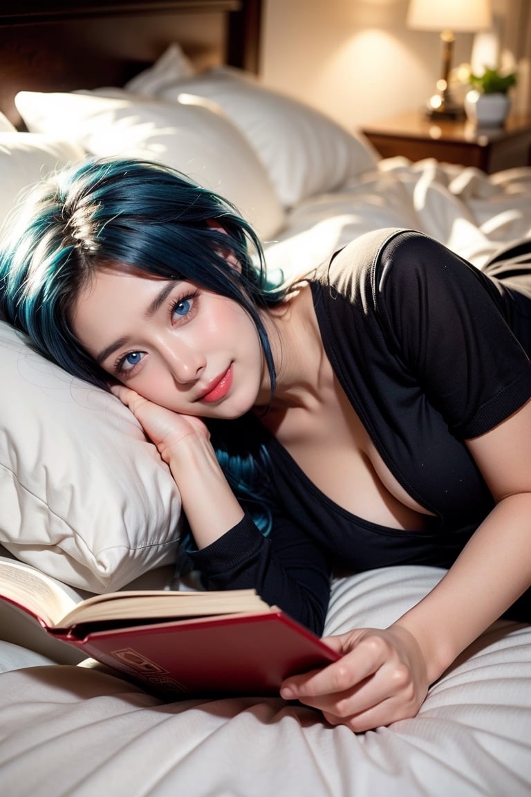 1girl, blue_hair, perfect body, perfect clavicle, cleavage, skinny waist, smile | t-shirt, lie on bed,  holding book by one hand, right hand on face | ambientlight, bedroom in background | Perfect dynamic composition, Perfect Realism Photography, Portrait Photography, Realistic, (bokeh effect:1.1)
