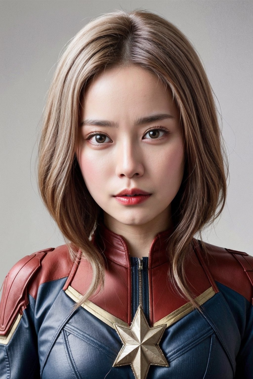 (asian girl, 18yo, white hair), (suit of captain marvel), afloat, cowboy_shot, 
highres 16k wallpaper, ultra highres, masterpiece, ultra realistic, The atmosphere is captured in high grain, reminiscent of ISO 800 film with wide angle, photorealistic, REALISM