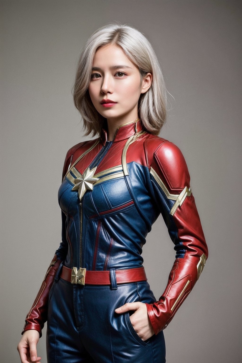 (asian girl, 18yo, white hair), (suit of captain marvel), hands_on_hips, leg_lift, (cowboy_shot), space, 
highres 16k wallpaper, ultra highres, masterpiece, ultra realistic, The atmosphere is captured in high grain, reminiscent of ISO 800 film with wide angle, photorealistic, REALISM