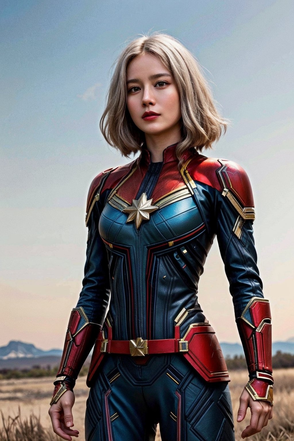 (asian girl, 18yo, white hair, suit of captain marvel), hands_on_hips, leg_lift, cowboy_shot, space ship, galaxy, universal, 
highres 16k wallpaper, ultra highres, masterpiece, ultra realistic, The atmosphere is captured in high grain, reminiscent of ISO 800 film with wide angle, photorealistic, REALISM