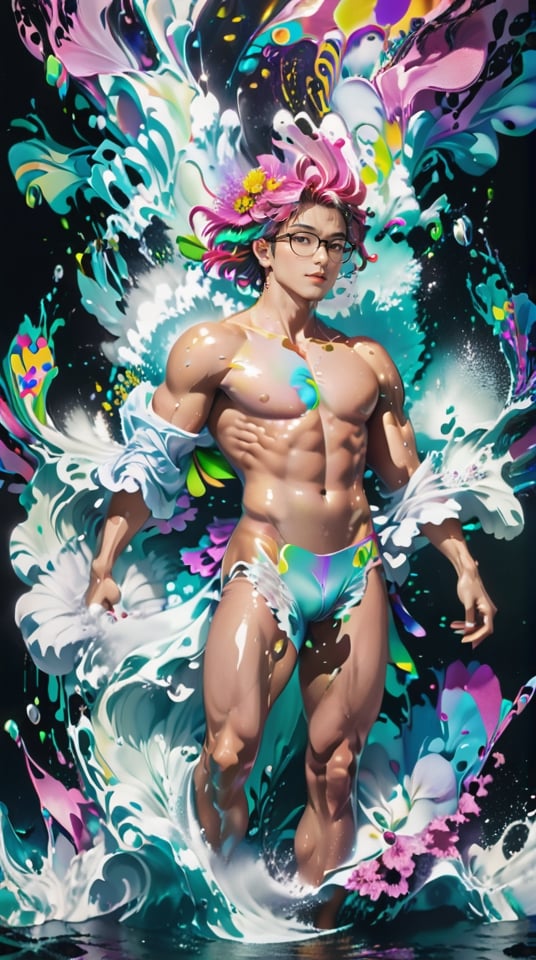 Luxury steam-like handsome, muscular, Korean male model with glasses, man with colorful flowy hair and body resembling steam in water, work of beauty and complexity, ghostcore, prismatic glow elements, fluidity, detailed face, 8k UHD , man dancing, alberto seveso style, flower petals flying with the wind,photo r3al,Leonardo Style,niji style,ghibli,illustrator