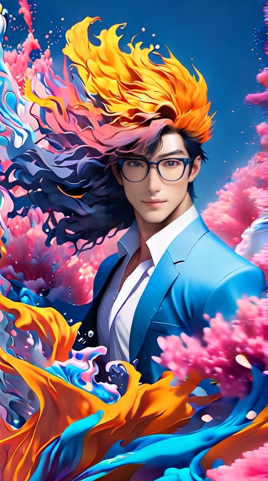 Beatiful steam-like handsome, muscular, Korean male model with glasses, man with colorful flowy hair and body resembling steam in water, work of beauty and complexity, ghostcore, prismatic glow elements, fluidity, detailed face, 8k UHD , man dancing, alberto seveso style, flower petals flying with the wind,photo r3al,Leonardo Style,niji style,ghibli,illustrator,3d